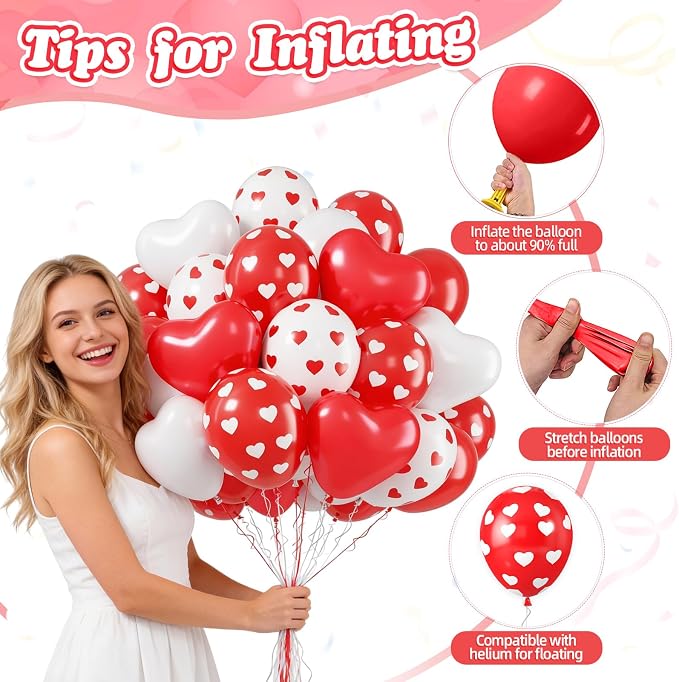 FunHot Valentines Balloons, 12 Inch White Heart Printed Latex Balloons - Image 3