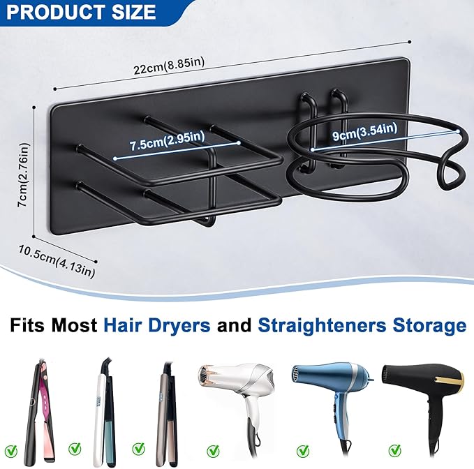Hair Dryer and Straightener Holder Wall Mounted, Self Adhesive Blow Dryer and Flat Iron Storage Hair Tool Organizer for Bathroom Vanity (Black)