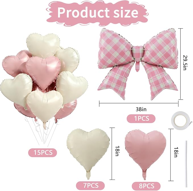 Vuzvuv Whiite Pink Gingham Bow Heart Balloons Set, Bridal Shower（Mix Colors） - Image 2