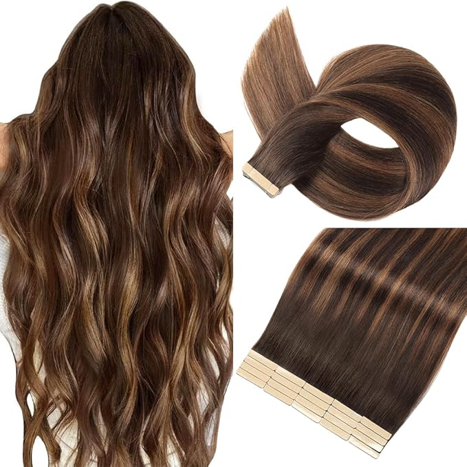 Tape in Hair Extensions Real Human Hair 24 Inch Dark Brown to Mixed Chestnut Brown Tape for Skin Weft Hair Extension Invisible Tape in Hair Extensions Straight Remy Human Hair for Women 20pcs