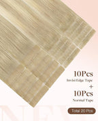 GOO GOO Invisi Edge Tape in Hair Extensions Human Hair, 18ET90A Natural Blonde Balayage10pcs injected with 10pcs classical tape ins, 14inch 50g, Virgin Remy Hair, Natural Look