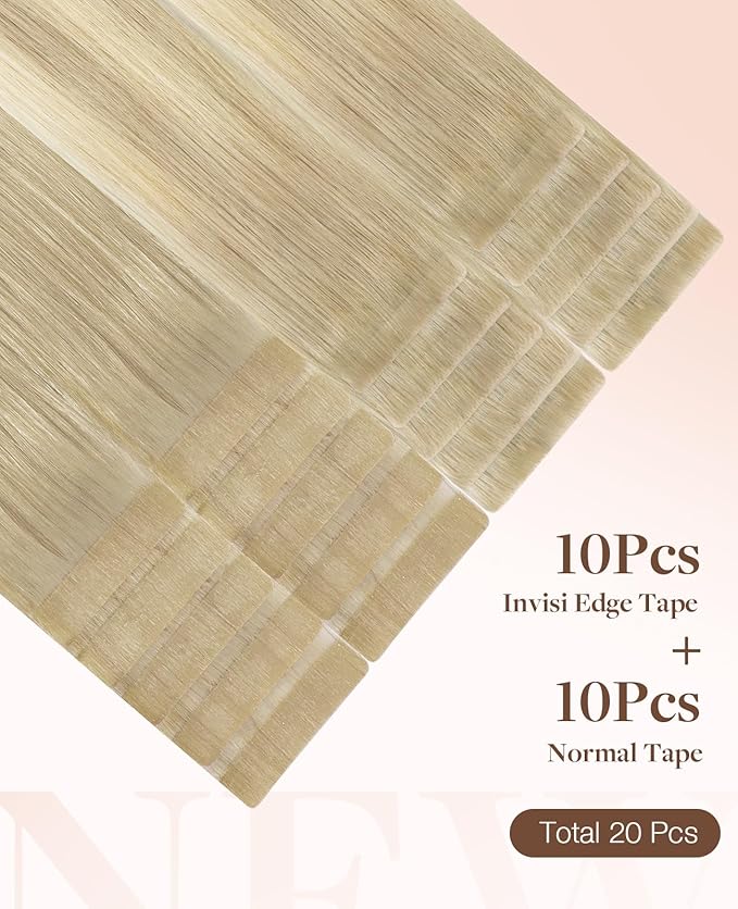 GOO GOO Invisi Edge Tape in Hair Extensions Human Hair, 18ET90A Natural Blonde Balayage10pcs injected with 10pcs classical tape ins, 24inch 50g, Virgin Remy Hair, Natural Look