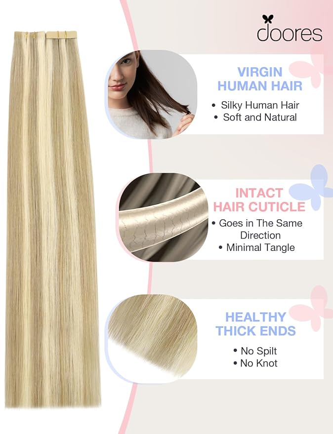 DOORES Invisi Edge Hair Extensions Tape in, Light Blonde Highlighted Golden Blonde 10 Injection Tape-ins with 10 Classic Tape-ins 50g 16 Inch, Virgin Hair Injection Tape in Extensions