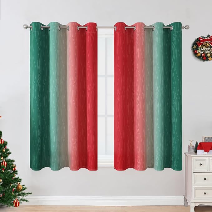 Red and Green Blackout Curtains 45 Inch Length, Full Room Darkening Ombre Drapes - Image 2