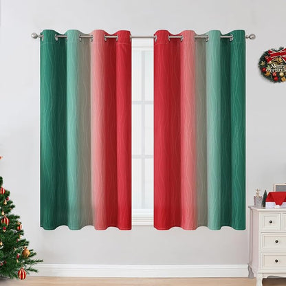 Red and Green Blackout Curtains 45 Inch Length, Full Room Darkening Ombre Drapes - Image 2