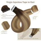 Full Shine Injected Tape in Hair Extensions 5Pcs 18 Inch Virgin Injection Tape in Extensions Color 3 Brown Fading to 8 Ash Brown And 22 Blonde Unprocessed Seamless Tapes in Human Hair 12.5 Gram
