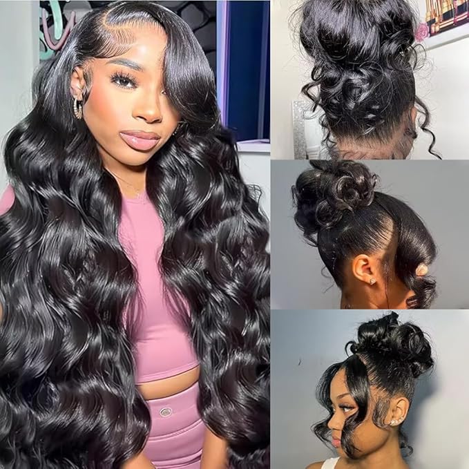 360 Lace Front Wigs Human Hair Body Wave 200% Density 24 Inch Upgraded Hidden Straps 360 HD Full Lace Wigs Human Hair With Drawstring Pre Plucked With Baby Hair for Women Natural Black