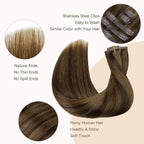 GOO GOO Clip in Hair Extensions Real Human Hair, Remy Human Hair Extensions Clip ins for Women, Natural Human Hair, 20 Inch 130g 7Pcs, 2C/4E/6C Brown Sugar Swirl Highlights