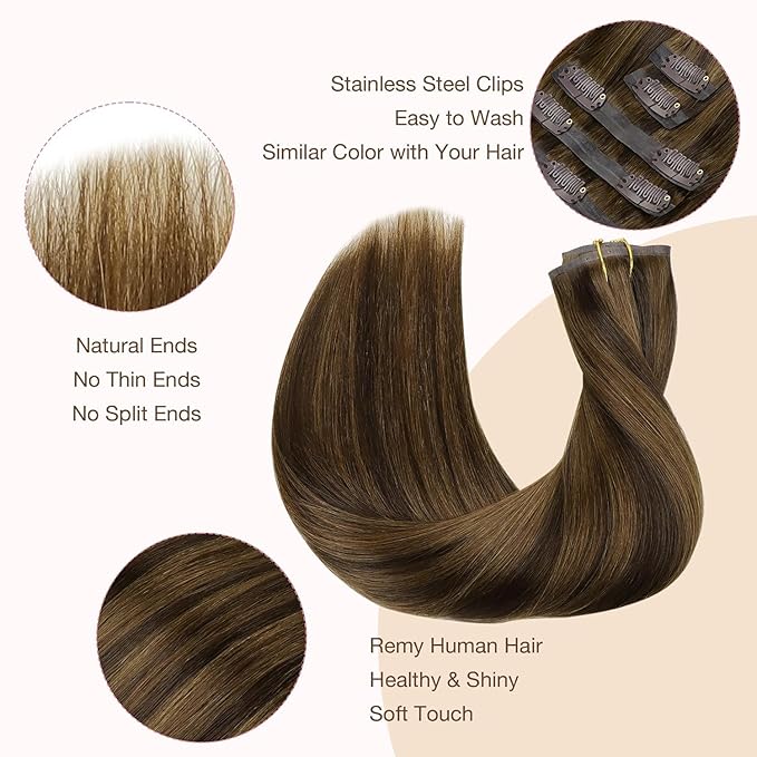 GOO GOO Clip in Hair Extensions Real Human Hair, Remy Human Hair Extensions Clip ins for Women, Natural Human Hair, 24 Inch 140g 7Pcs, 2C/4E/6C Brown Sugar Swirl Highlights