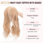 Hairro 18 Inch Long Hair Toppers Wavy with Side Bangs for Women, Clips In Synthetic Hairpieces Capless, for Adding Volume/Birthday/Party/Halloween/Cosplay Dress Up, White Blonde to White