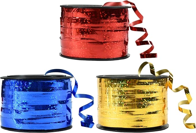 BEISHIDA 3 Pack 100 Yards Red Blue Gold Curling Crimped Glitter Ribbon Balloon by Beishida