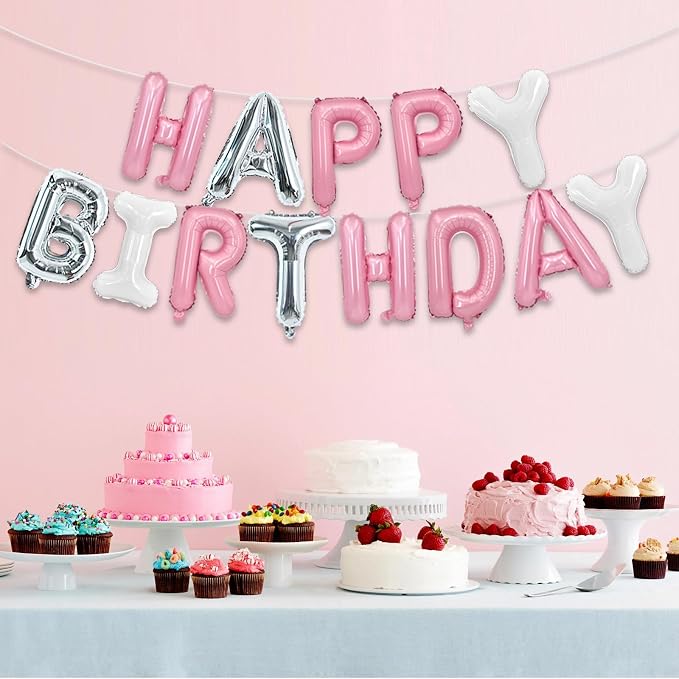TONIFUL Pink Silver White Happy Birthday Balloons Banner Decor - Image 6