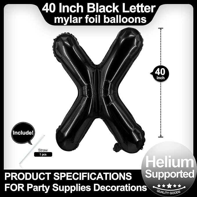 40 Inch Black Letter X Balloons, DIY Phrase Foil Alphabet Letter X Balloons DIY - Image 2