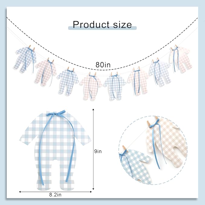 Blue and Cream Baby Onesie Garland – 8 PCS Big Size Baby Shower Banner - Image 2