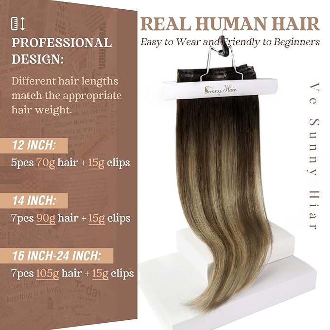 Ve Sunny Clip in Hair Extensions Real Human Hair Black Ombre Human Hair Clip in Extensions Black Balayage Brown with Blonde Clip in Human Hair Extensions 22inch 120g