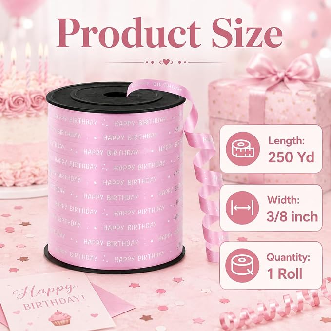 BEISHIDA 250 Yards Pink Happy Birthday Printed Crimped Curling Ribbon Balloon - Image 2