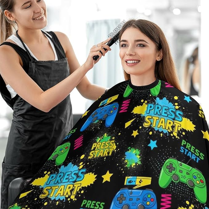 Women Cool Blue Video Game Weapon Games Pattern Art Barber Hairdressing Cape, Full Coverage Hairdressing Haircut Apron for Barbers, Haircut Tools