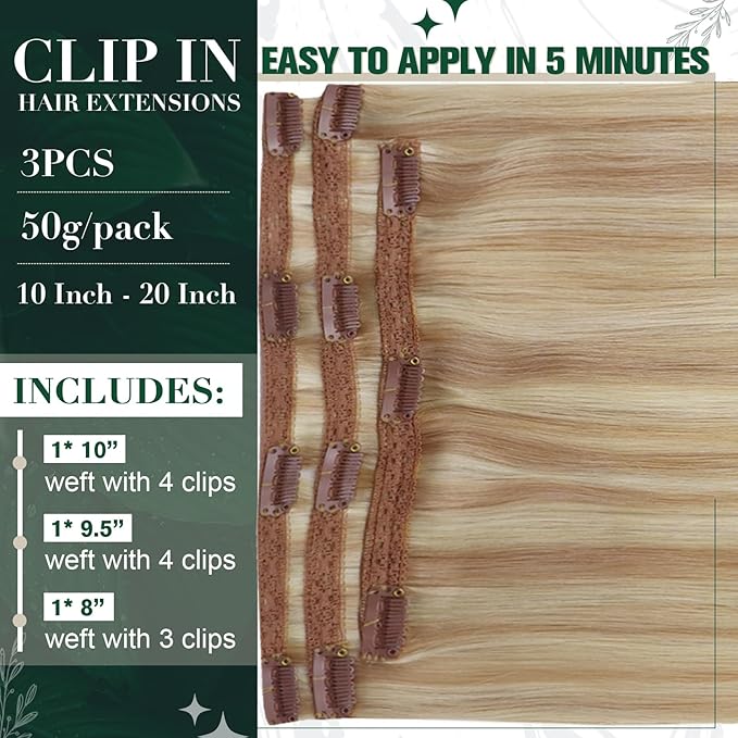 RUNATURE Blonde Clip in Hair Extensions Real Human Hair, Real Human Hair Clip in Extenisons for Women, Straight Natural Hair 18 Inch 50g 3pcs, #18P60 Ash Blonde Highlights