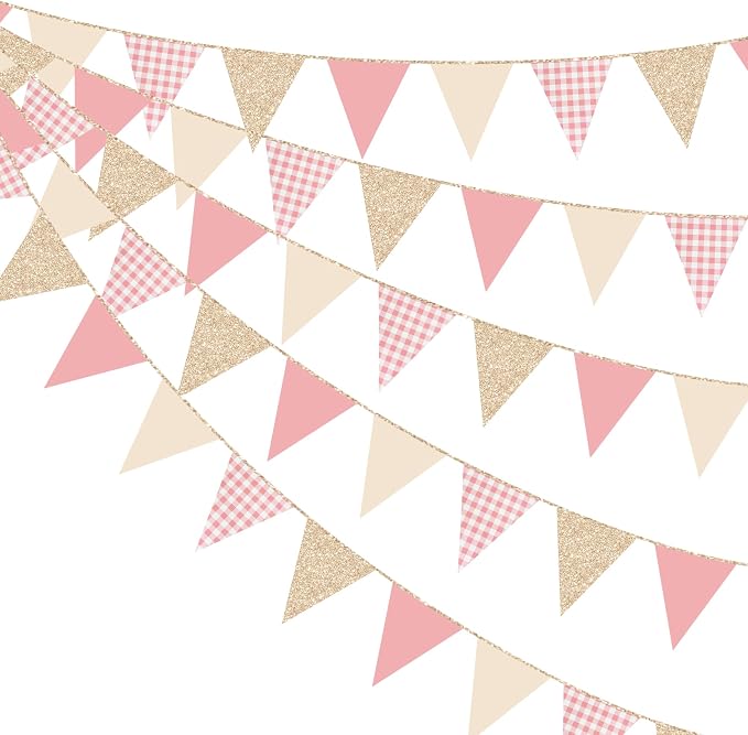 Dusty Rose Pink Buffalo Plaid Champagne Gold Party Decorations Pennant Banner by pinkblume