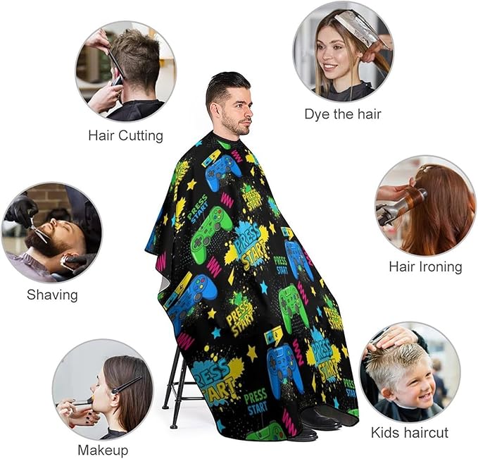 Women Cool Blue Video Game Weapon Games Pattern Art Barber Hairdressing Cape, Full Coverage Hairdressing Haircut Apron for Barbers, Haircut Tools