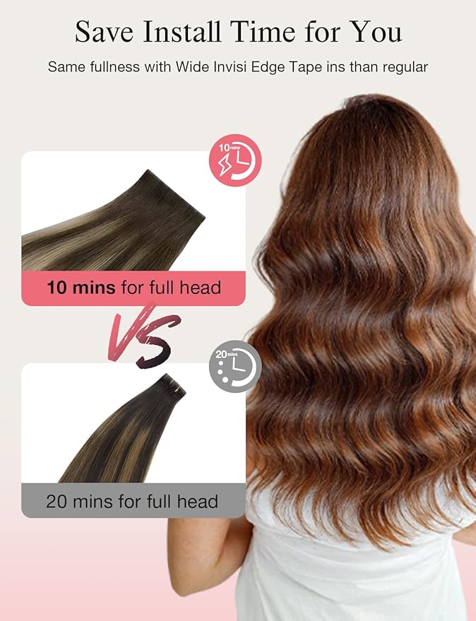 DOORES Invisi Edge Tape in Wide Hair Extensions Human Hair, Chocolate Brown to Honey Blonde 4PCS Injection Tape ins 20g 14 Inch, Virgin Human 3 Inch Wide Injected Extensions Invisible
