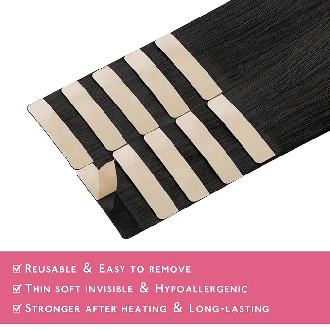 WENNALIFE Tape in Hair Extensions Human Hair Natural Black Tape in Extensions, 10pcs 30g 24 inch Remy Invisible Tape Ins Straight Colored Soft Real Human Hair Tape in Extensions Refill Set Extensions