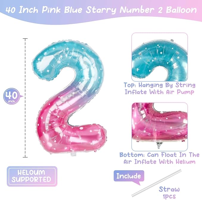 40 Inch Blue Pink Number 12 Balloon, Ombre Foil Tween Birthday Party Decor | - Image 4