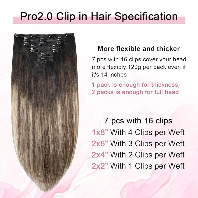 Pro2.0 Remy Clip in Extensions Real Human Hair #1b/4/27 Natural Black to Chocolate Brown and Caramel Blonde Clip in Hair Extensions Real Human Hair 18inch 120g Thick 7pcs（#1b/4/27-18inch）
