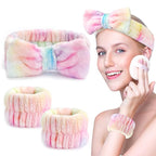 3PCS Spa Headband and Wristbands Set for Women, Soft Microfiber Face Wash Headband with Cute Bow, Elastic Absorbent Wrist Towels, Makeup Skincare Accessories for Facial, Shower, Yoga