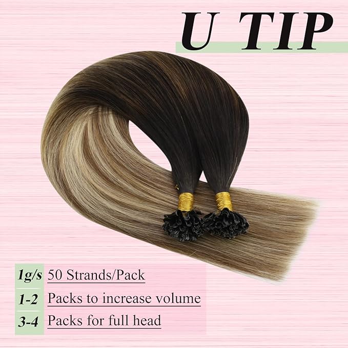 YoungSee U Tip Extensions Human Hair Balayage Utip Hair Extensions Human Hair Brown with Blonde Balayage K Tip Hair Extension Real Hair Ombre Long Hair 24In for Date Nights 50s/50g