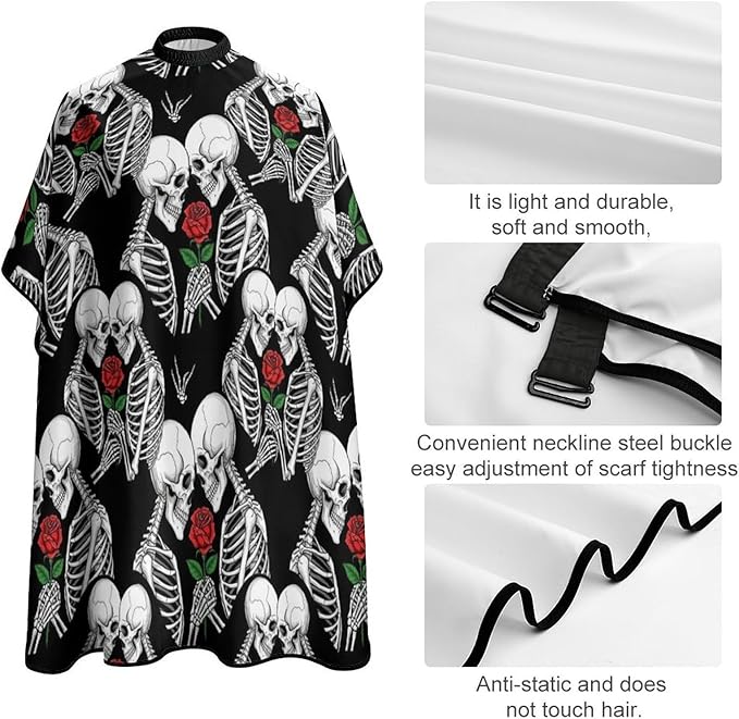 Extra Long Professional Salon Cape, Rose Flower Skull Love Skeleton Apron Haircuting Salon Cape Gown for Hair Cutting Styling