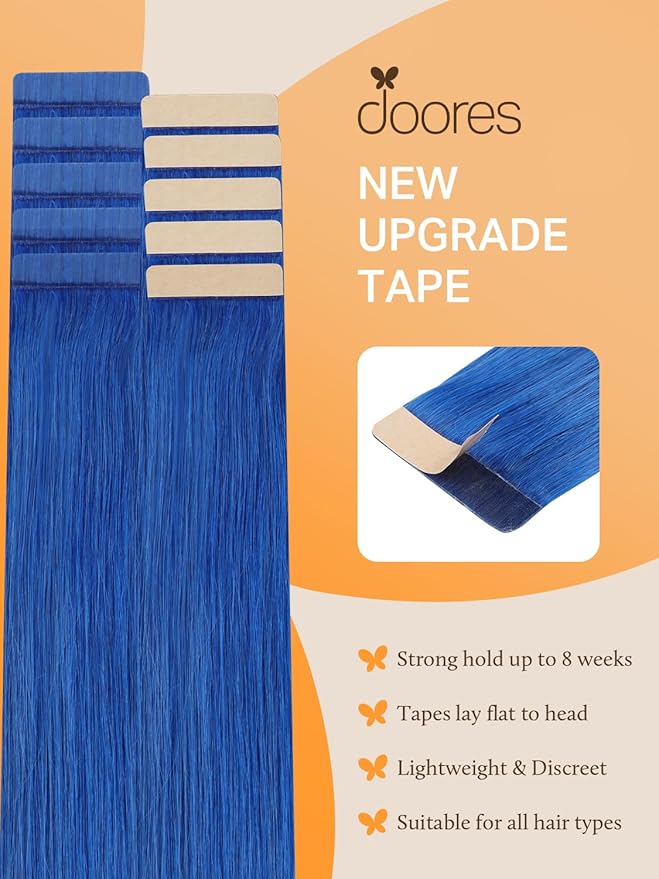 DOORES Human Hair Extensions Tape in, Blue Tape in Hair Extensions 18 Inch 10pcs 25g, Tape in Hair Extensions Real Hair Extensions Straight Hair