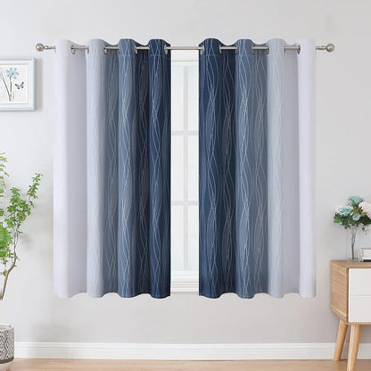 Full Room Darkening Greyish White and Navy Blue Blackout Curtains 45 Inch - Image 2