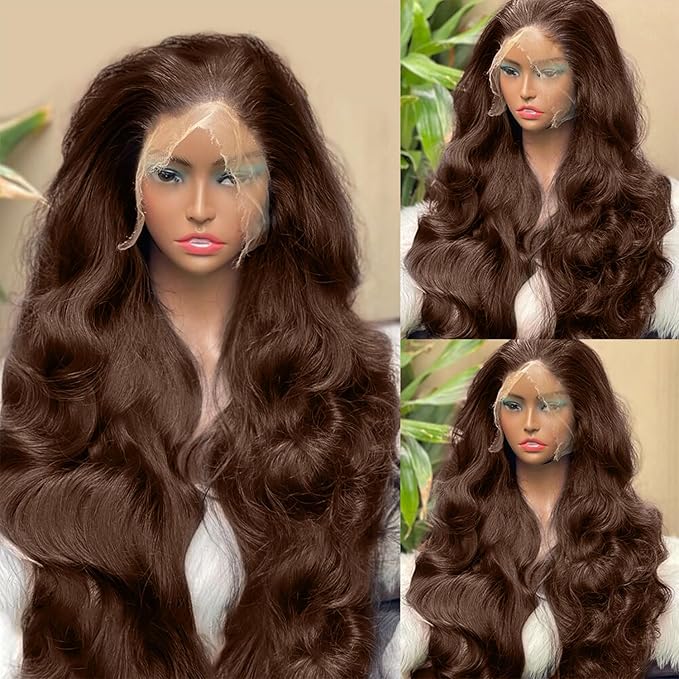 250% Density 32 Inch13x6 FULL SKINLIKE HD Chocolate Brown Deep Curly lace front wigs Pre Plucked Real 0.10mm Ultra-thin Invisible Water Wave HD Lace Front Wigs Human Hair Small Knots Full Virgin Hair