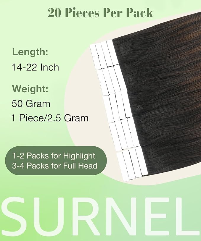SURNEL Tape in Hair Extensions Ombre Color 1B Off Black Fading To 4 Middle Brown Tape in Human Hair Extensions 18 inch 20pcs 50g(#1BT4-18)
