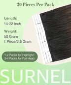 SURNEL Tape in Hair Extensions Ombre Color 1B Off Black Fading To 4 Middle Brown Tape in Human Hair Extensions 18 inch 20pcs 50g(#1BT4-18)