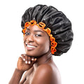 mikimini Large Shower Cap for Women Long Hair, Black, Reusable Waterproof Double Layers XL Washable Colorfast Odorless High-Quality Shower Cap for Men with Vibrant Orange Edge