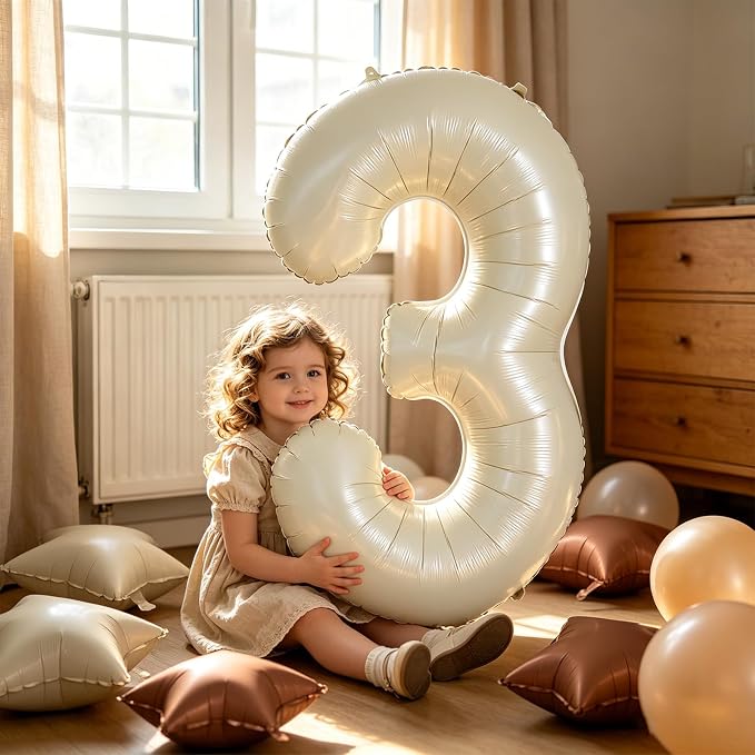 TONIFUL 3rd Birthday Balloons 40 Inch Cream white Large Number 3 Foil Balloon - Image 5