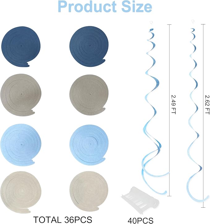 36 Pcs Dusty Blue Gray Hanging Swirl Decorations Navy Blue Grey Felt Swirl - Image 2
