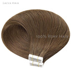 Lacer Remy Human Hair 22 Inch Tape In Extensions Chocolate Brown Color #4 Skin Weft Double Sided Adhesive 50 Gram Seamless Silky Straight Soft Hair Extension