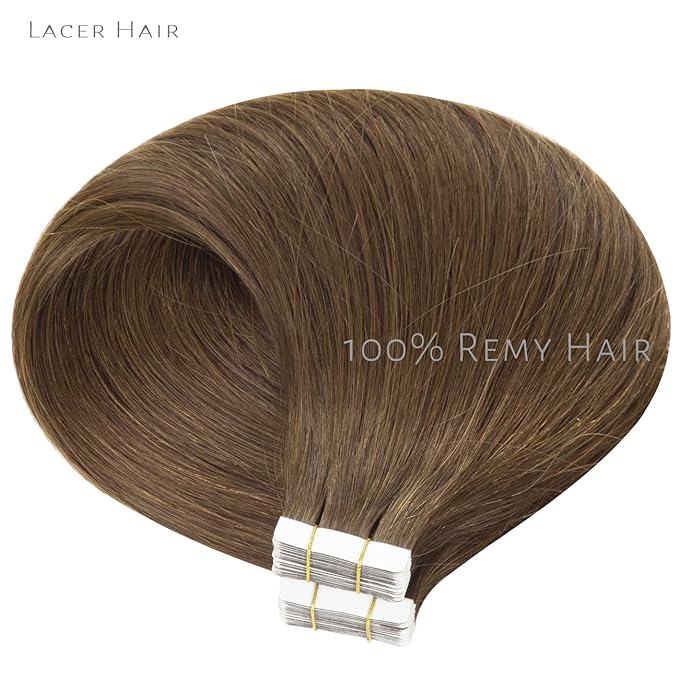 Lacer Remy Human Hair 22 Inch Tape In Extensions Chocolate Brown Color #4 Skin Weft Double Sided Adhesive 50 Gram Seamless Silky Straight Soft Hair Extension