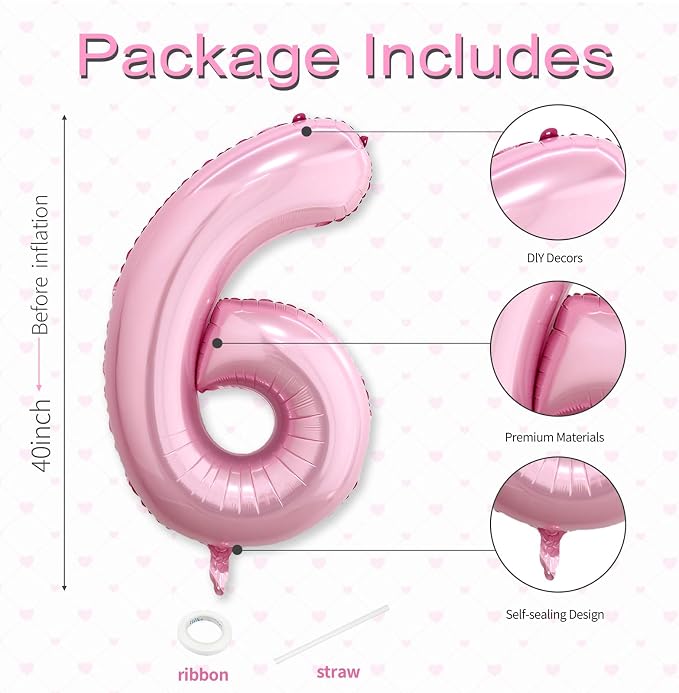 40 Inch Pink Number 6 Balloon, Giant Number Balloons, Birthday Decorations | - Image 3