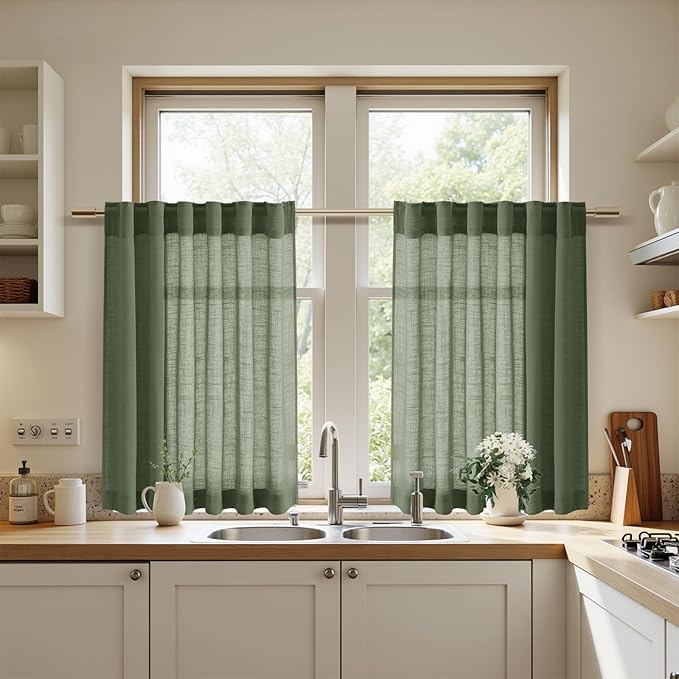 Olive Green Linen Curtains 30 Inch Length Short Kitchen, Semi Sheer Boho Cafe - Image 7