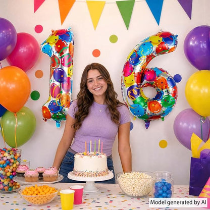40 Inch Rainbow Balloon Number 16 Balloons, Foil Sweet Sixteen Decor | 40" - Image 2