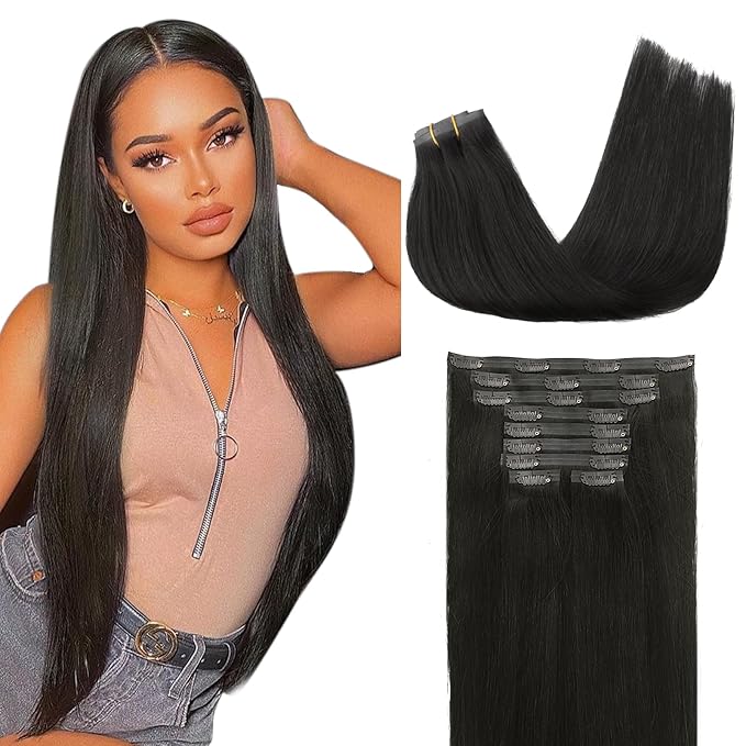 Lashey Seamless Clip in Hair Extensions Real Human Hair Extensions, 9pcs 150g Straight Remy Human Hair Extensions Clip in Long Thick 22 Inch #1B Natural Black Human Hair Extension
