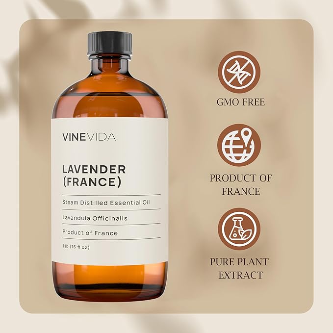 VINEVIDA Lavender France Essential Oil 16 oz - Undiluted Lavender Oil 16 oz - Lavender Candle Oil Scent - DIY Candle Scents for Candlemaking - Bulk Essential Oil for Soap Making Safe for Skin
