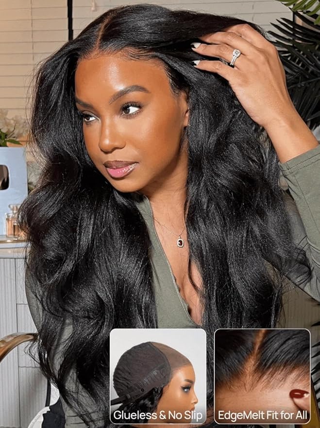 Julia Hair No Slip Yaki Straight 7x5 Lace Closure Glueless Drawstring Wig Flexible Mesh Cap Bye-Bye Slip Pre Cut HD Lace Front Pre Everything Bleached Knots Wear and Go Wig,Zero Slip Hold 22 Inch