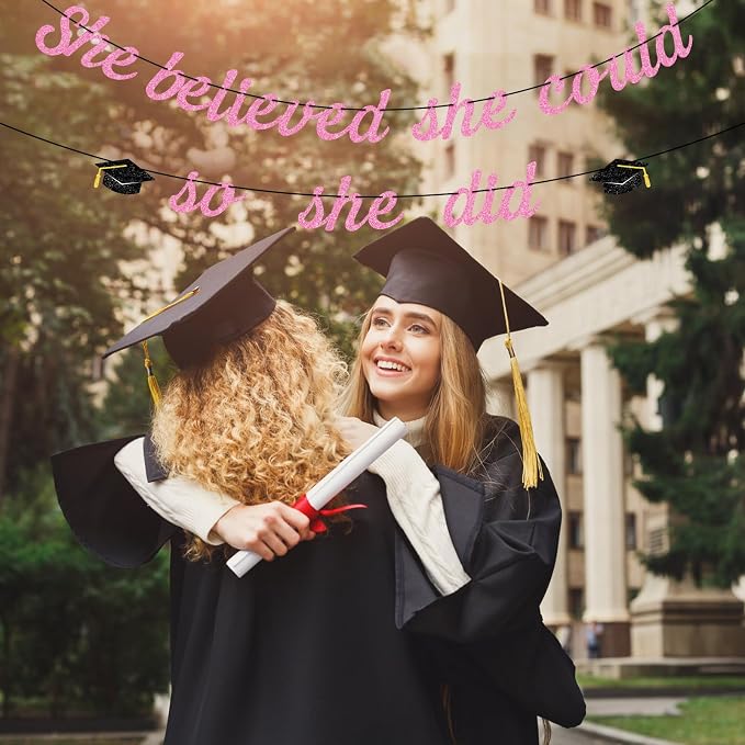 Hoogict She Believed She Could So She Did Pink Graduation Banner Decorations - Image 5
