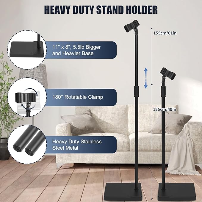 Hair Dryer Stand Hands Free - Heavy Duty Blow Dryer Stand Holder with Larger Clamp, 49in- 61in Height Adjustable Blow Dryer Floor Stand Countertop Stand Holder with Heavy Base for Women Pets