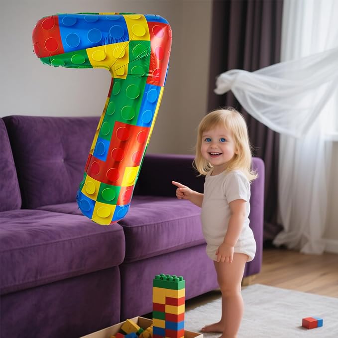 32 Inch Stackable Block Number 7 Balloon – Colorful Brick Building Themed Big - Image 4